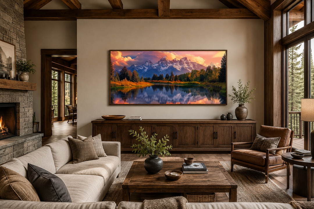 Grand Teton National Park landscape framed canvas wall art hanging above a wooden sideboard.