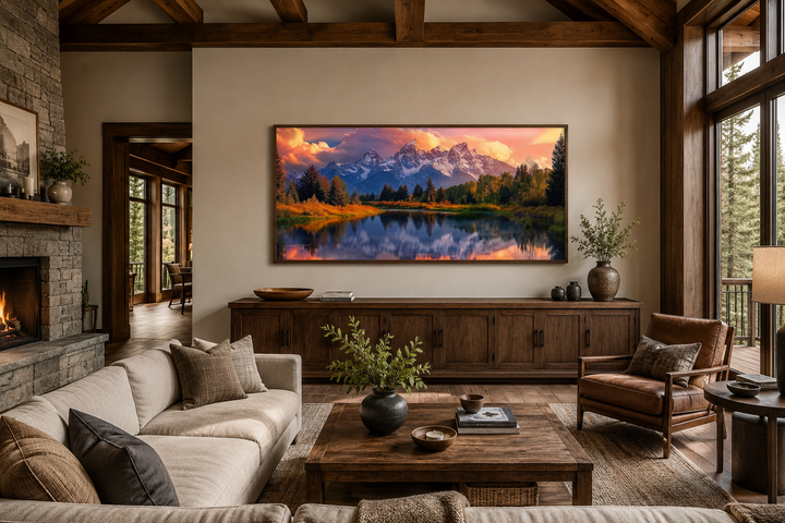 Grand Teton National Park landscape framed canvas wall art hanging above a wooden sideboard.