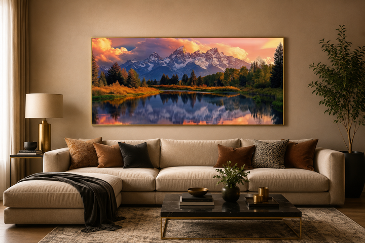 Grand Teton National Park landscape framed canvas wall art above a sofa in a living room.