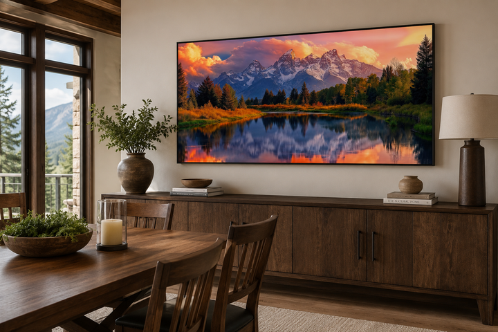 Grand Teton National Park landscape framed canvas wall art above a wooden sideboard in a dining room