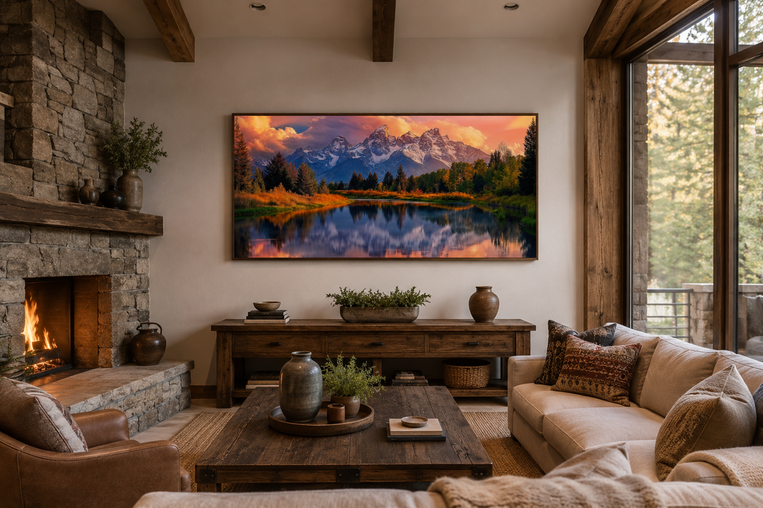 Grand Teton National Park landscape framed canvas wall art above a fireplace in a rustic living room