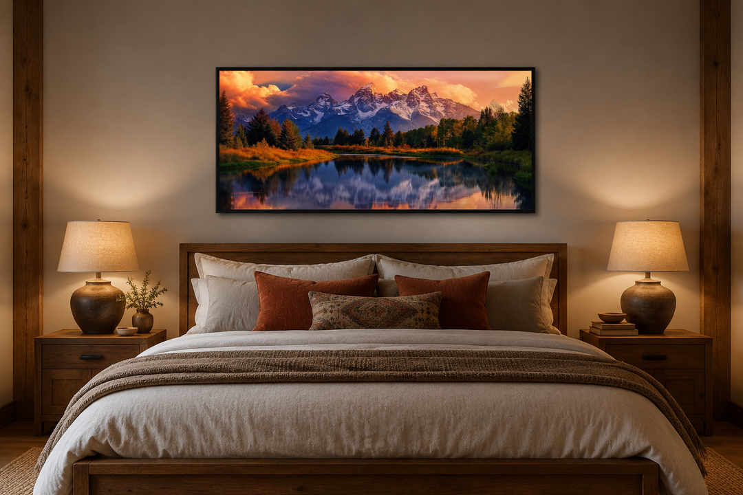 Grand Teton National Park landscape framed canvas wall art hanging above a bed in a cozy bedroom.