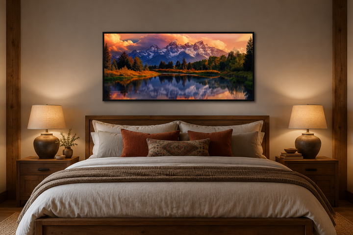 Grand Teton National Park landscape framed canvas wall art hanging above a bed in a cozy bedroom.