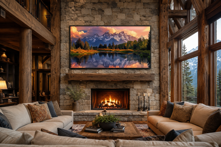 Grand Teton National Park landscape framed canvas wall art above a stone fireplace in a rustic room.