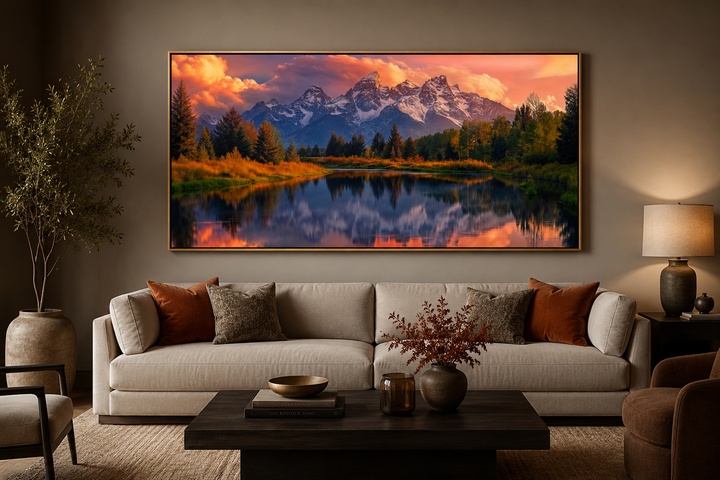 Grand Teton National Park landscape framed canvas wall art above a neutral sofa in a living room.