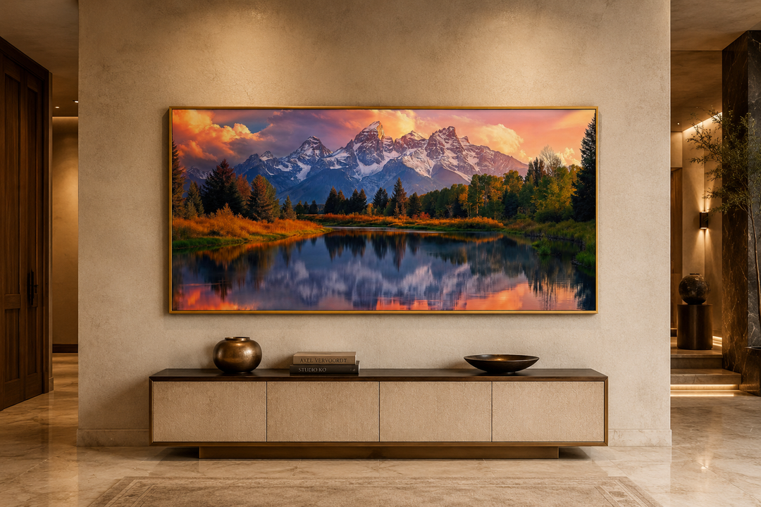 Grand Teton National Park landscape framed canvas wall art showing sunset mountains over a lake.