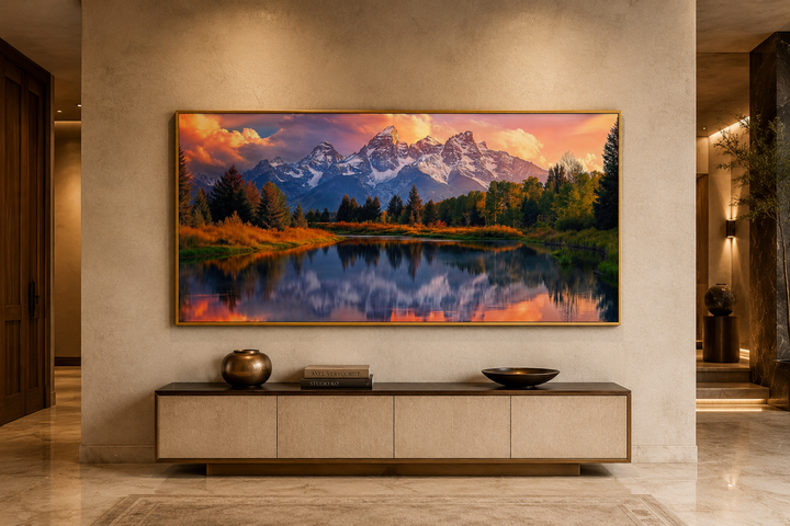Grand Teton National Park landscape framed canvas wall art showing sunset mountains over a lake.