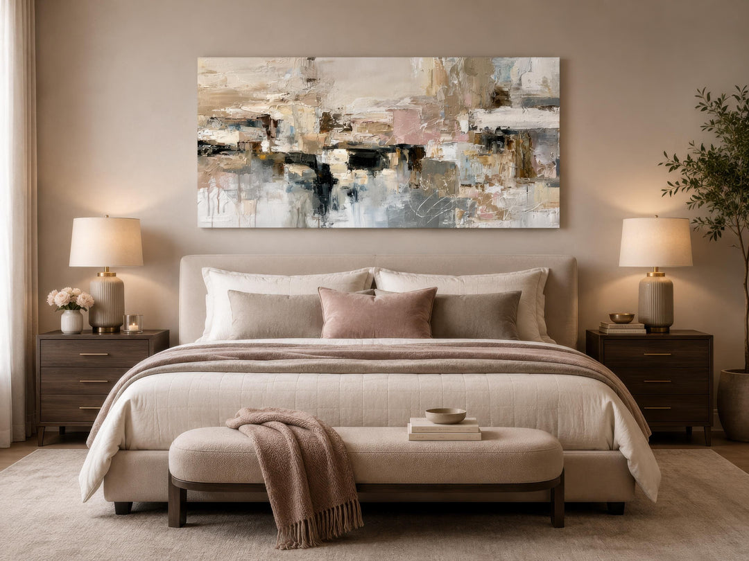 Horizontal abstract canvas print with gray, beige, and blush tones above a bed in a neutral room.