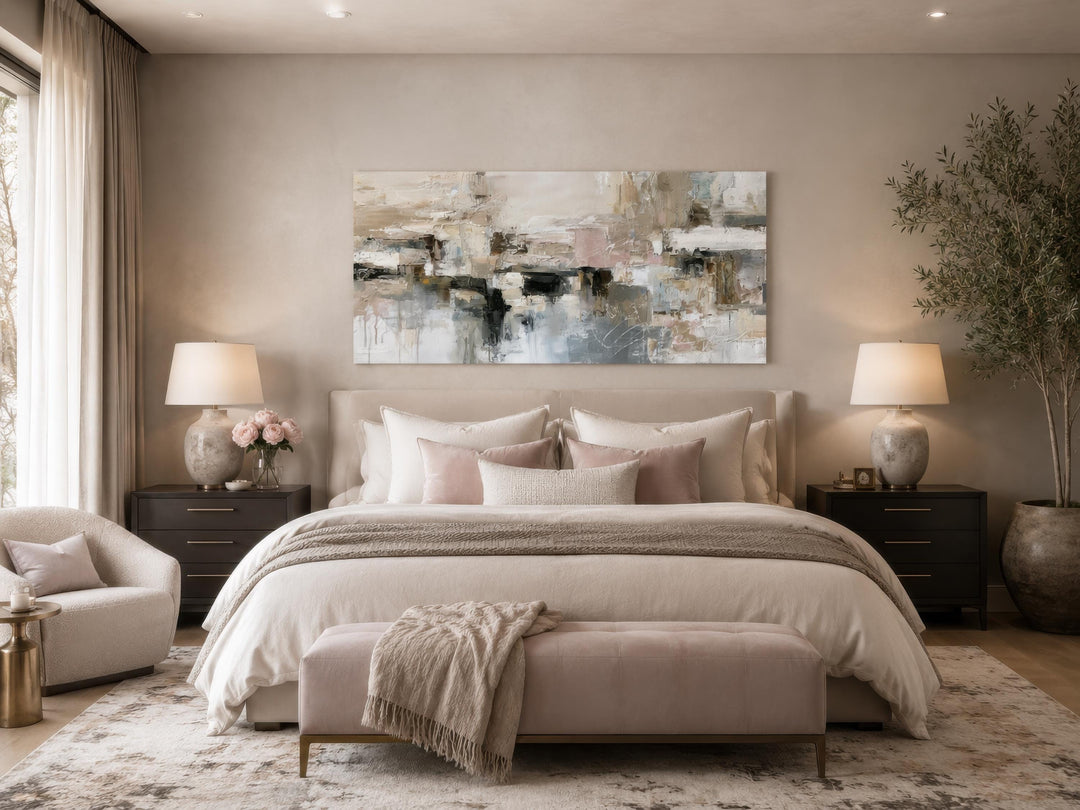 Horizontal abstract canvas print with gray, beige, and blush tones above a bed in a neutral room.