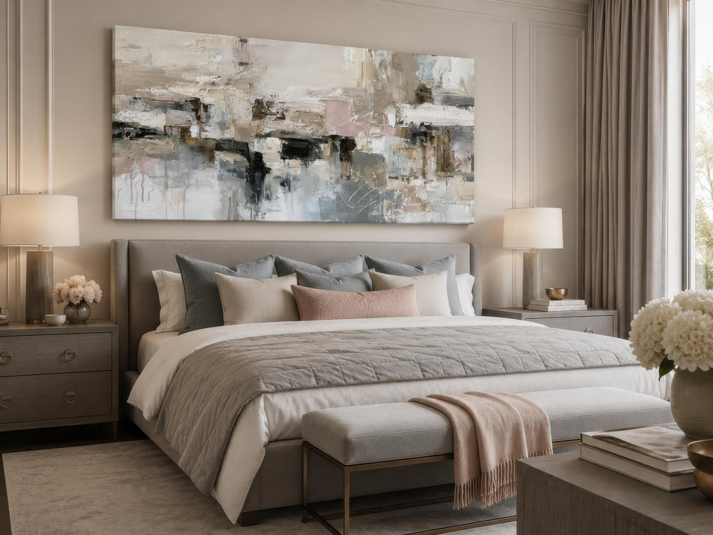 Large horizontal abstract canvas print in gray, beige, and blush tones above a bed.