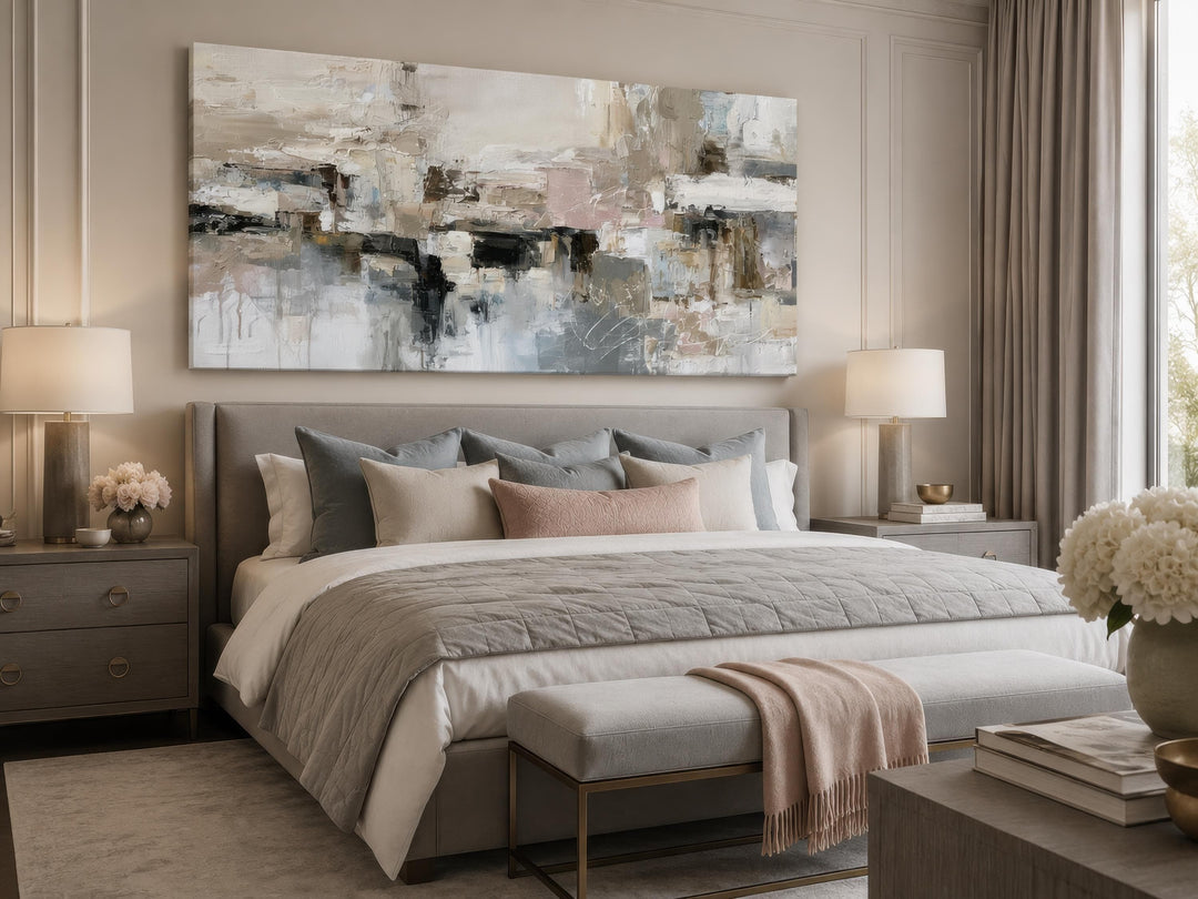 Large horizontal abstract canvas print in gray, beige, and blush tones above a bed.