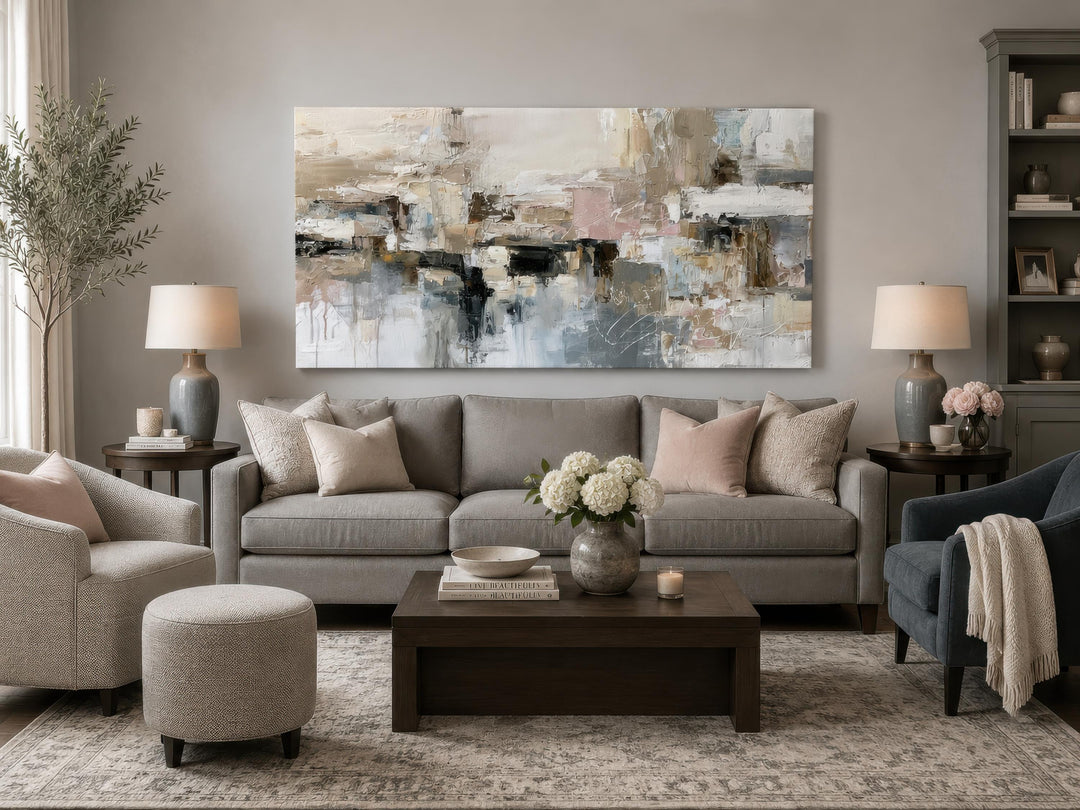 Neutral abstract horizontal canvas print with gray, beige, and blush tones above a gray sofa.