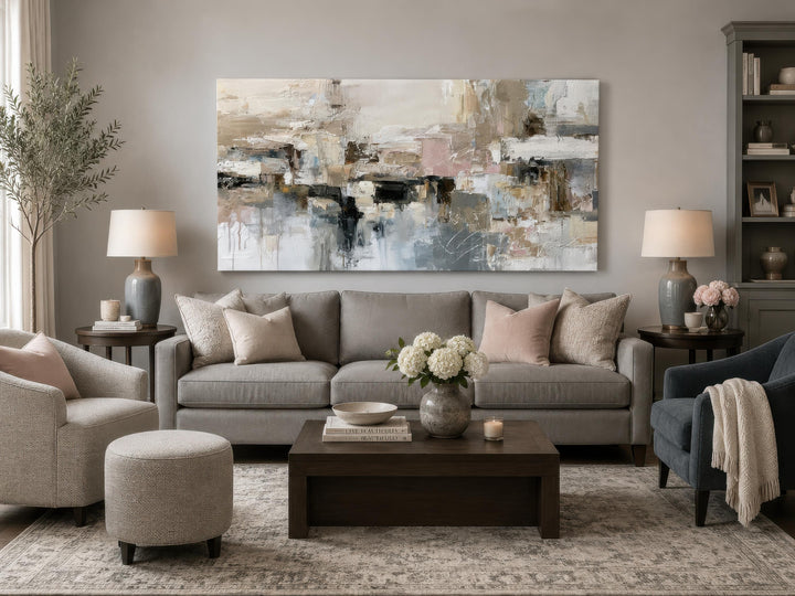 Neutral abstract horizontal canvas print with gray, beige, and blush tones above a gray sofa.