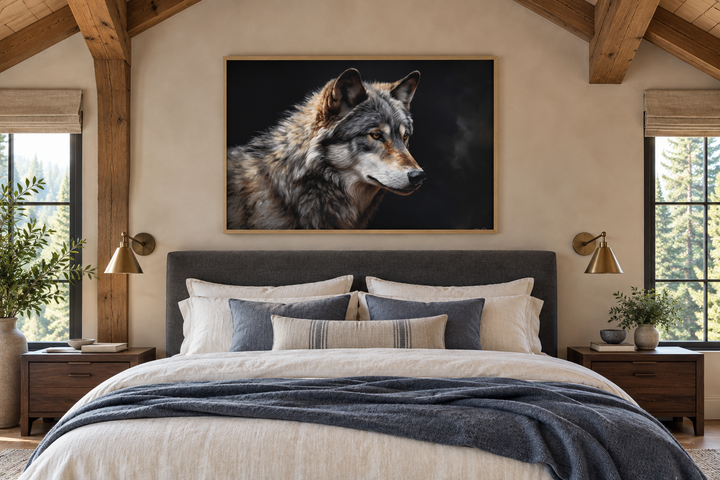Grey wolf portrait framed canvas wall art hanging above a bed in a rustic cabin bedroom.