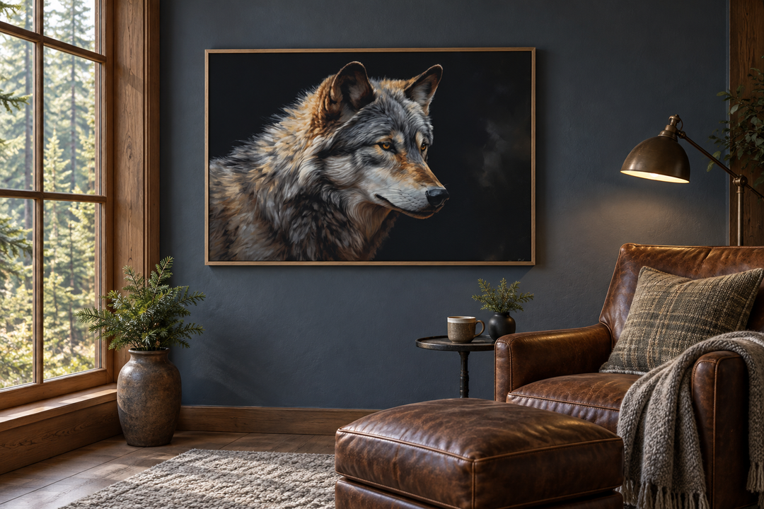 Grey wolf portrait framed canvas wall art hanging in a rustic cabin living room.