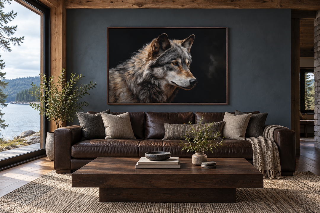 Grey wolf portrait framed canvas wall art hanging above a brown leather sofa in a rustic cabin.
