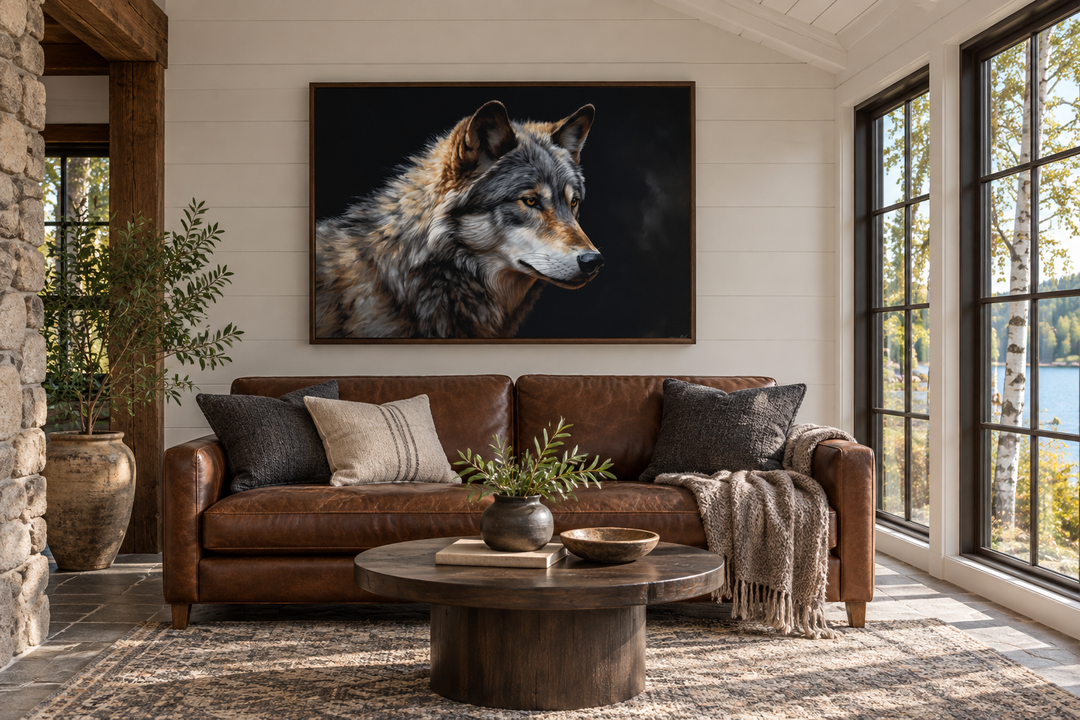 Grey wolf portrait framed canvas wall art hanging above a leather sofa in a rustic cabin living room