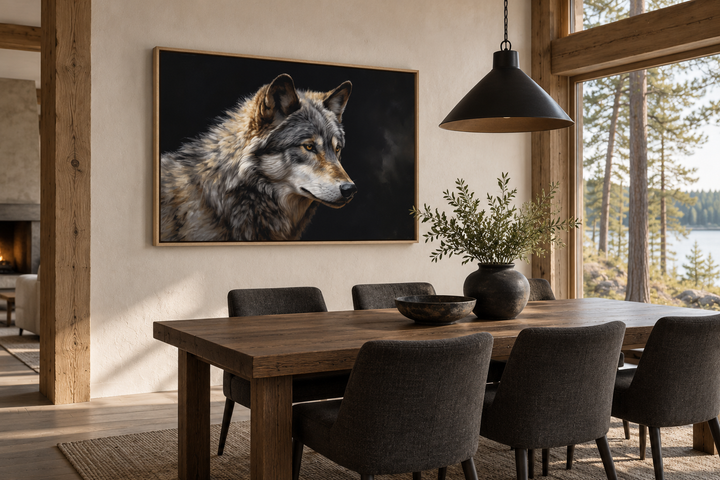 Grey wolf portrait framed canvas wall art hanging in a rustic cabin dining room.