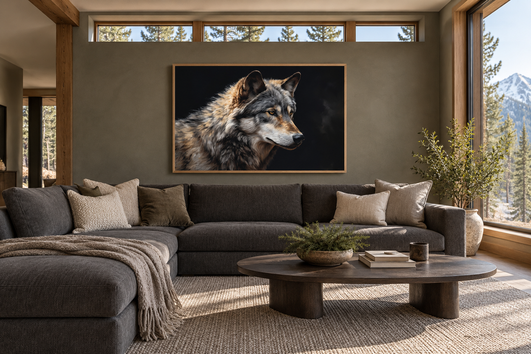 Framed grey wolf portrait canvas wall art hanging above a sectional sofa in a rustic living room.