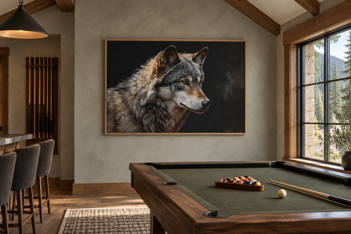 Grey wolf portrait framed canvas wall art hanging in a rustic cabin billiards room.