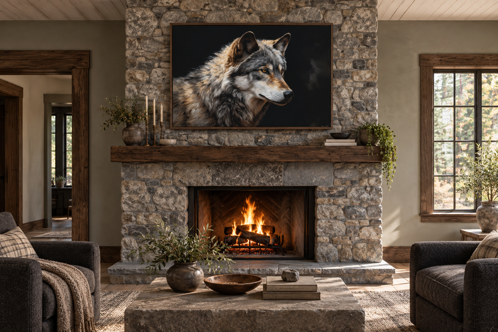Grey wolf portrait framed canvas wall art hanging above a rustic stone fireplace in a cabin.