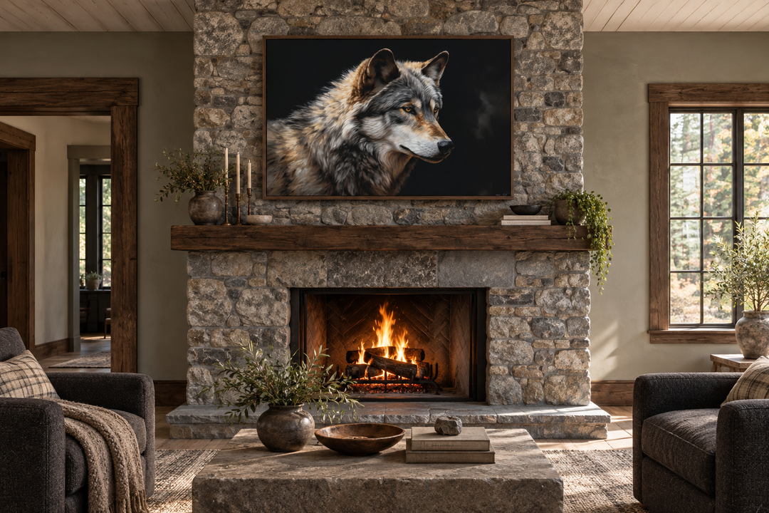 Grey wolf portrait framed canvas wall art hanging above a rustic stone fireplace in a cabin.