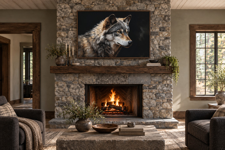 Grey wolf portrait framed canvas wall art hanging above a rustic stone fireplace in a cabin.