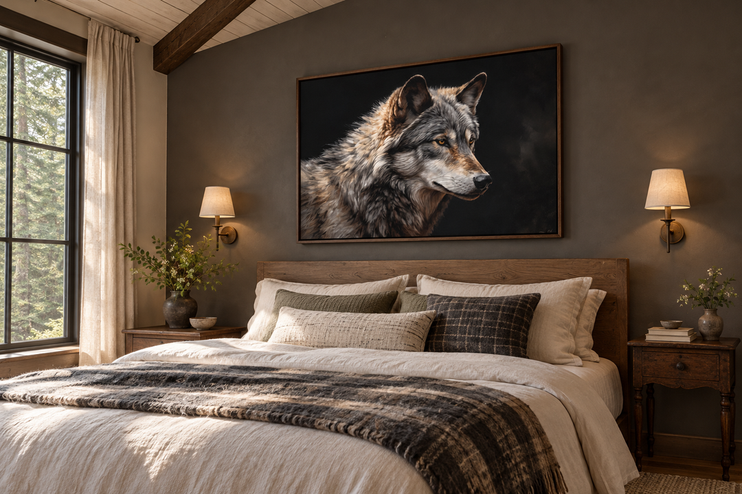 Grey wolf portrait framed canvas wall art hanging above a bed in a rustic cabin-style bedroom.