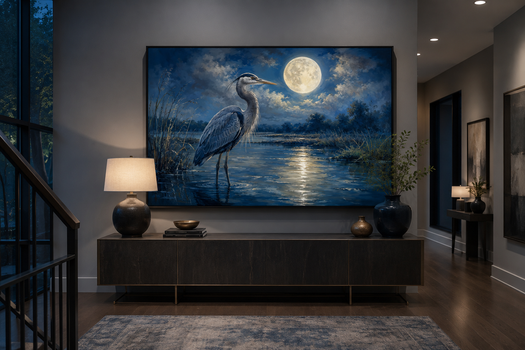 Framed canvas wall art of a Great Blue Heron standing in water under a glowing full moon at night.