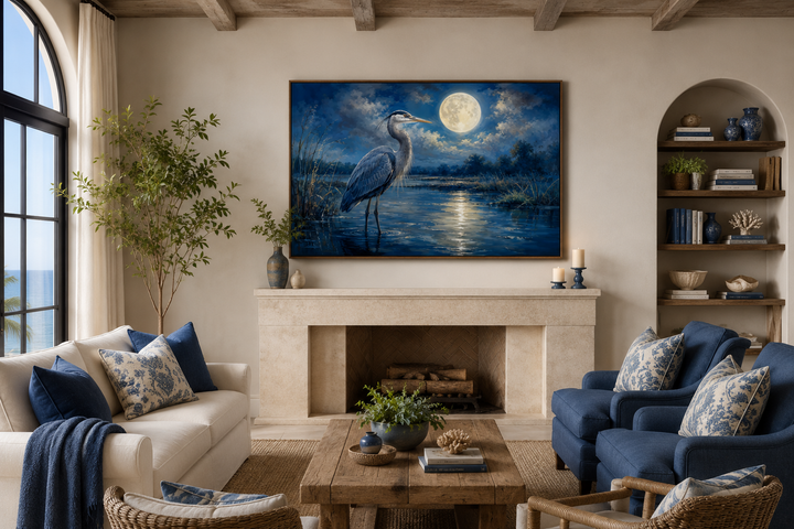 Great Blue Heron and full moon at night framed canvas wall art above a fireplace in a living room.