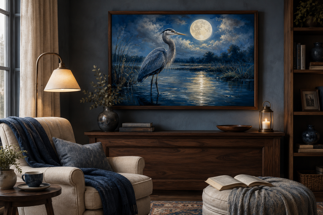 Great Blue Heron and full moon framed canvas wall art in a cozy, dark-toned living room.