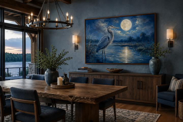 Framed canvas wall art of a Great Blue Heron standing by a lake under a glowing full moon at night.