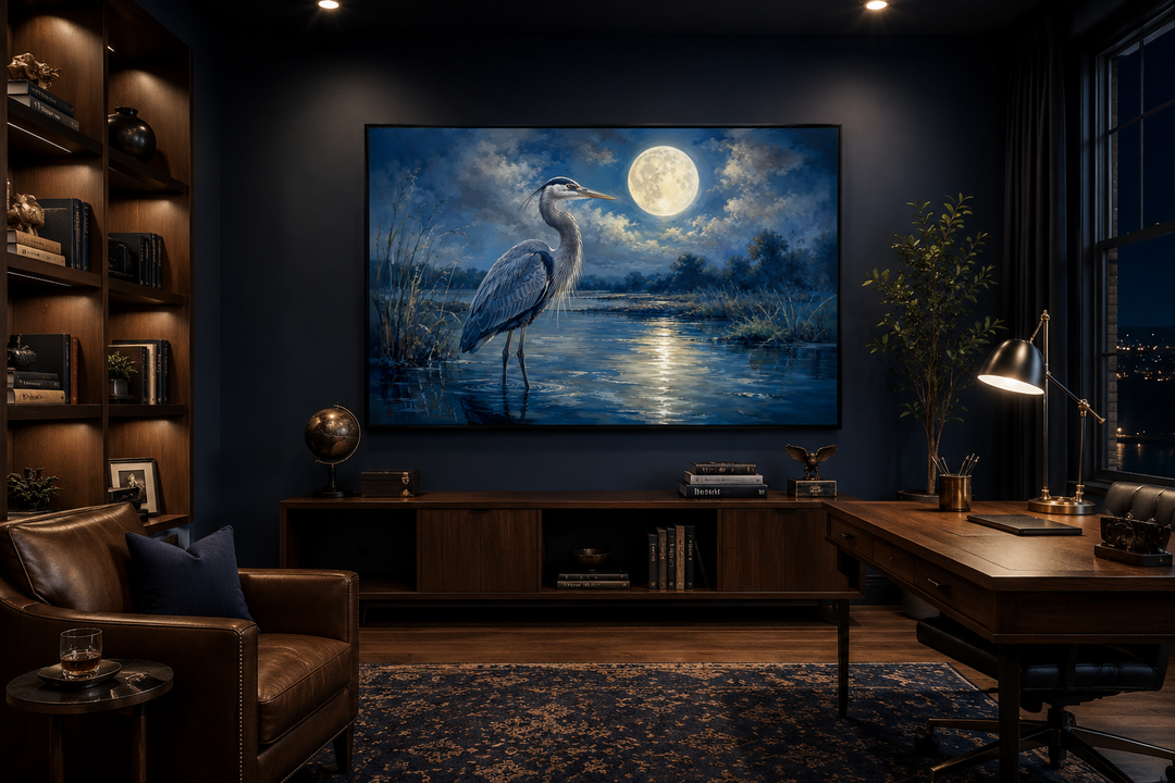 Great Blue Heron and full moon framed canvas wall art in a dark, moody home office setting.