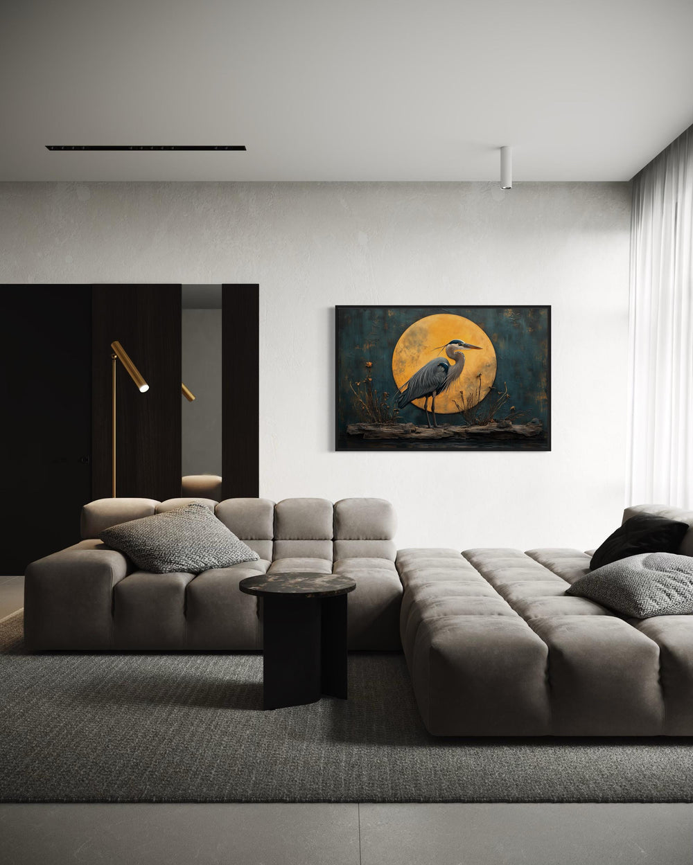 Great Blue Heron And Golden Moon At Night Framed Canvas Wall Art