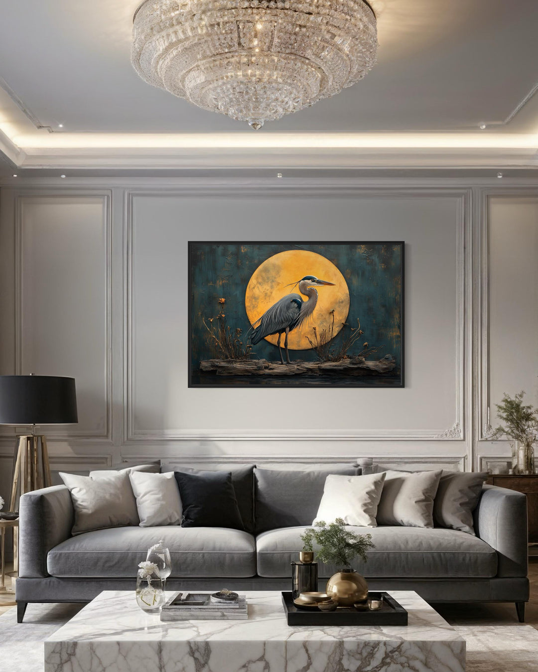 Great Blue Heron And Golden Moon At Night Framed Canvas Wall Art