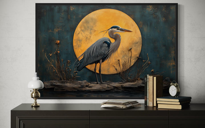 Great Blue Heron And Golden Moon At Night Framed Canvas Wall Art