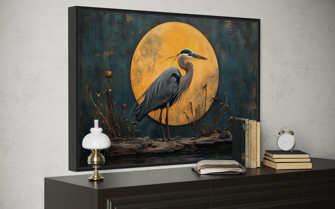 Great Blue Heron And Golden Moon At Night Framed Canvas Wall Art