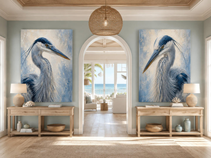 Great Blue Heron Art | Set of Two Coastal Bird Portraits - Navy Blue Wall Decor