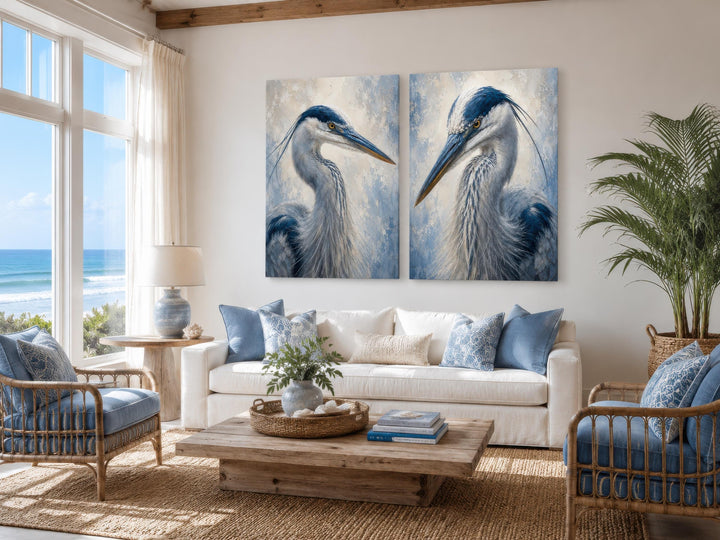 Great Blue Heron Art | Set of Two Coastal Bird Portraits - Navy Blue Wall Decor