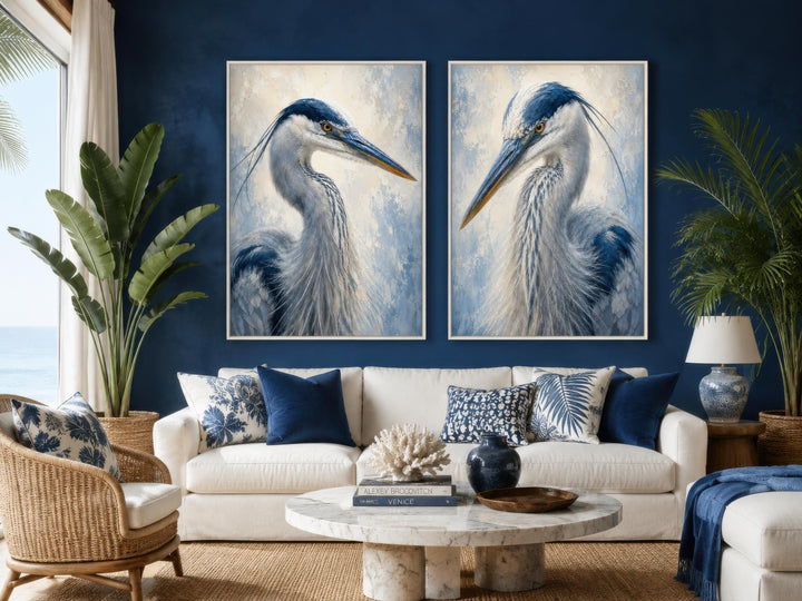 Great Blue Heron Art | Set of Two Coastal Bird Portraits - Navy Blue Wall Decor