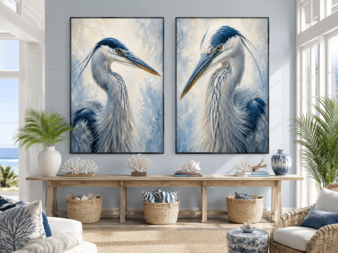 Great Blue Heron Art | Set of Two Coastal Bird Portraits - Navy Blue Wall Decor
