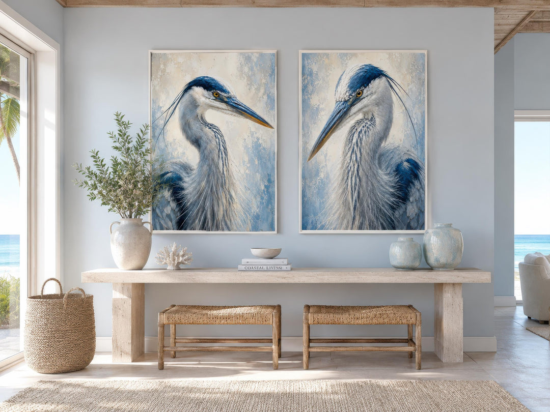 Great Blue Heron Art | Set of Two Coastal Bird Portraits - Navy Blue Wall Decor