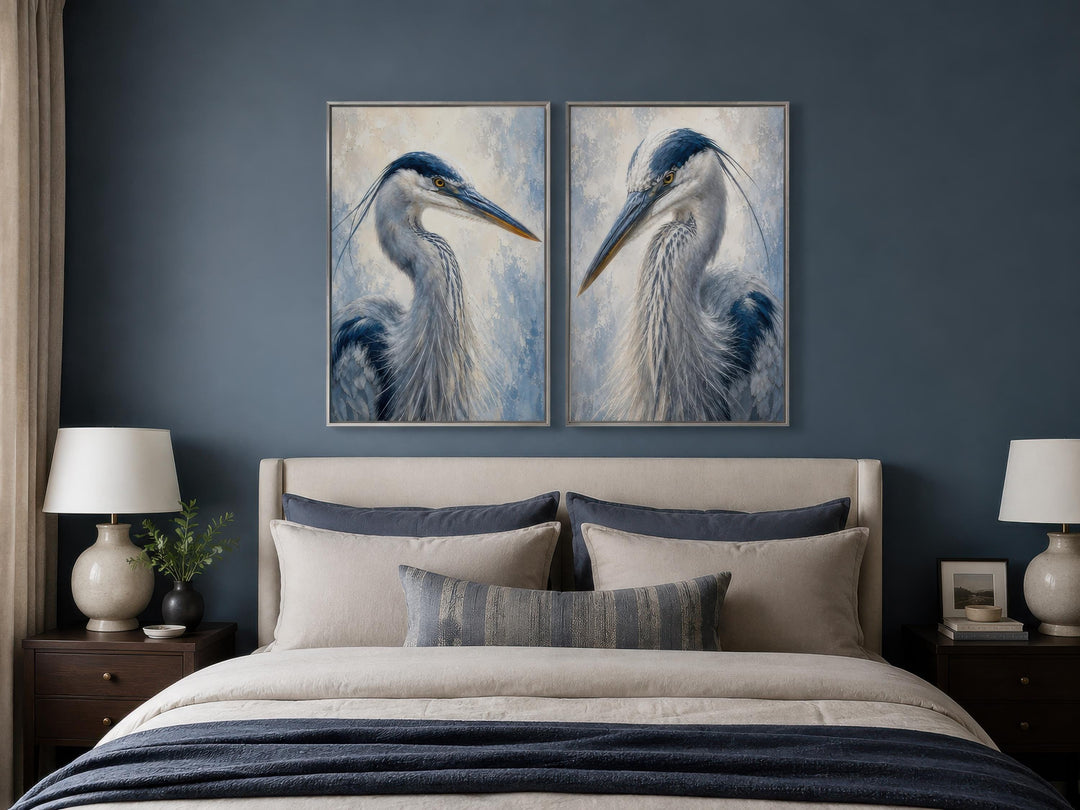 Great Blue Heron Art | Set of Two Coastal Bird Portraits - Navy Blue Wall Decor