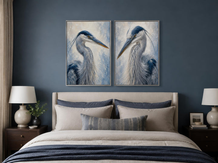 Great Blue Heron Art | Set of Two Coastal Bird Portraits - Navy Blue Wall Decor