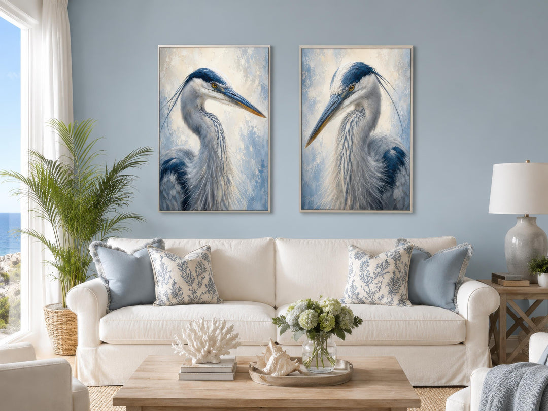 Great Blue Heron Art | Set of Two Coastal Bird Portraits - Navy Blue Wall Decor