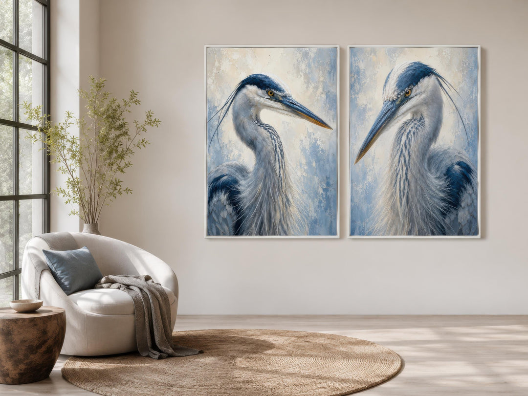Great Blue Heron Art | Set of Two Coastal Bird Portraits - Navy Blue Wall Decor