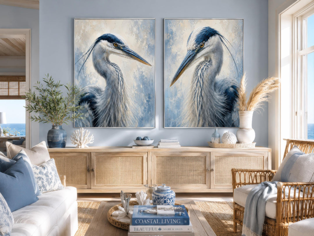 Great Blue Heron Art | Set of Two Coastal Bird Portraits - Navy Blue Wall Decor