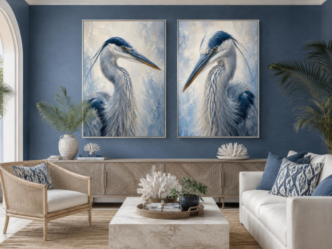 Great Blue Heron Art | Set of Two Coastal Bird Portraits - Navy Blue Wall Decor
