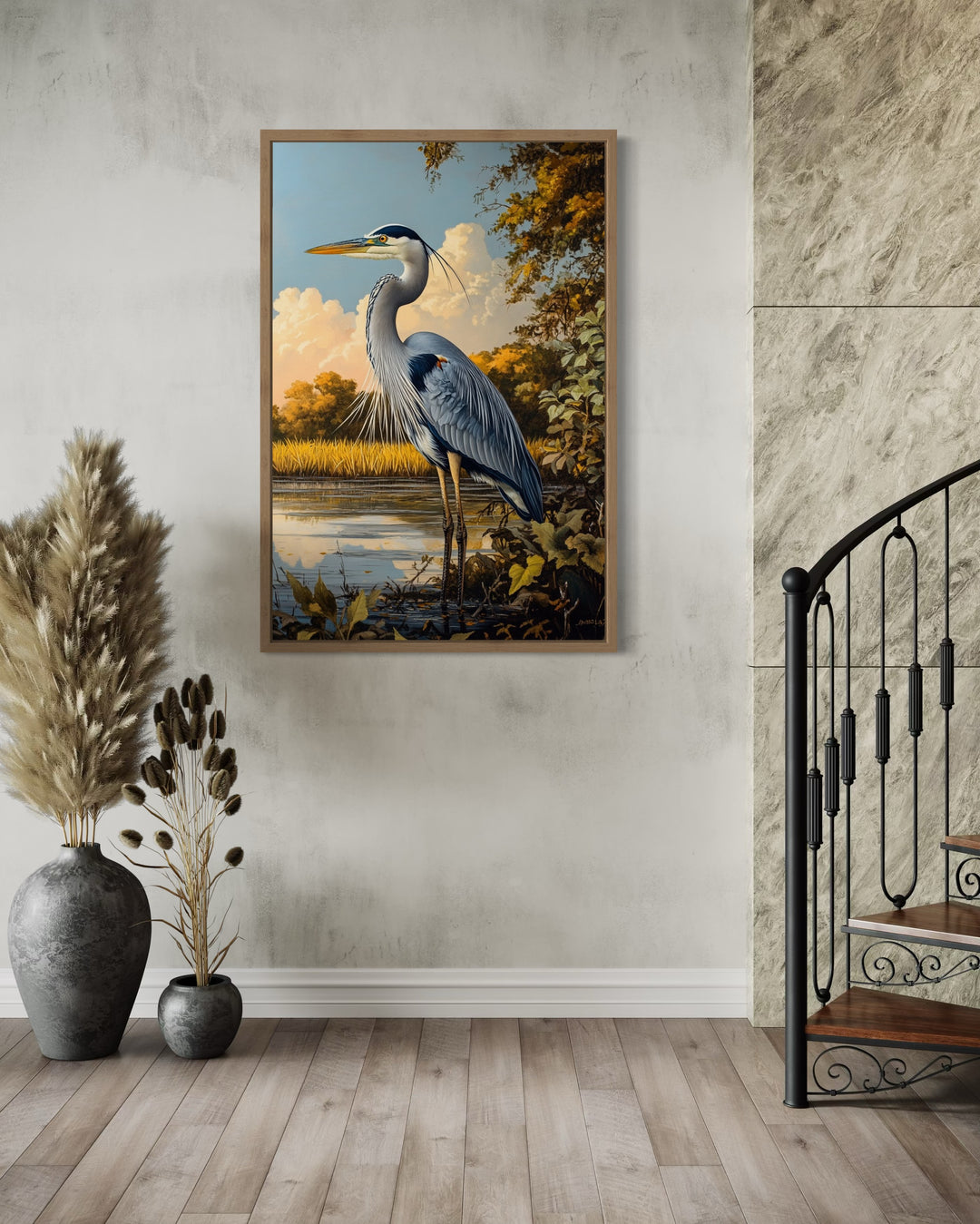 Framed canvas wall art of a great blue heron in a marshland.