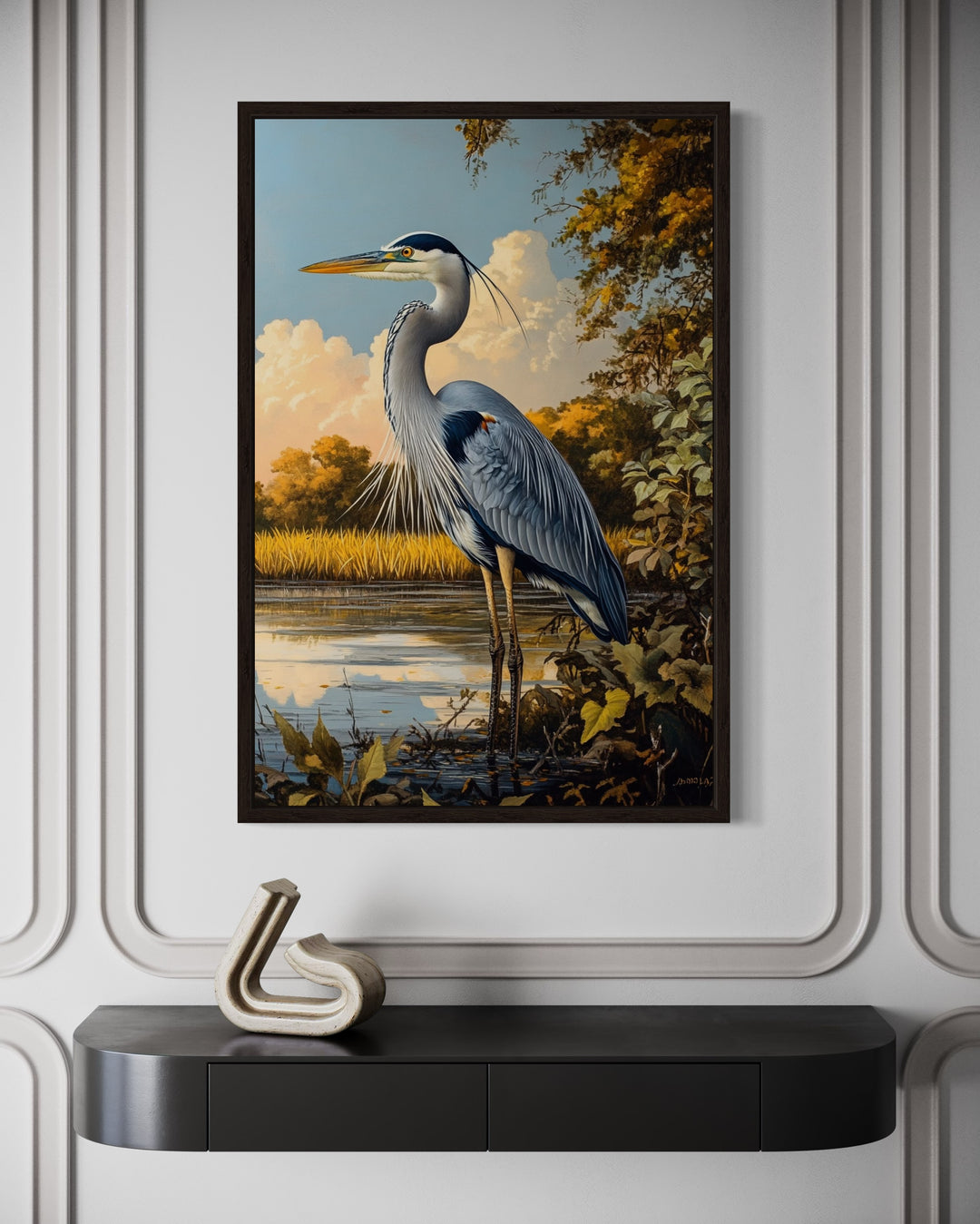 Great Blue Heron In Marshland Framed Canvas Wall Art